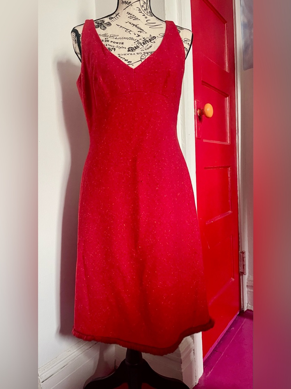 T A H A R I ~ Red Flecked-Wool V-Neck Women's Dress with Genuine Rabbit Fur Trim